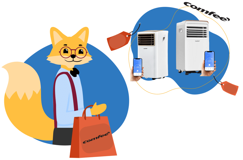 Der Smart-Home-Fox Experte steht vor unterschiedlichen Comfee mobile Klimaanlagen.